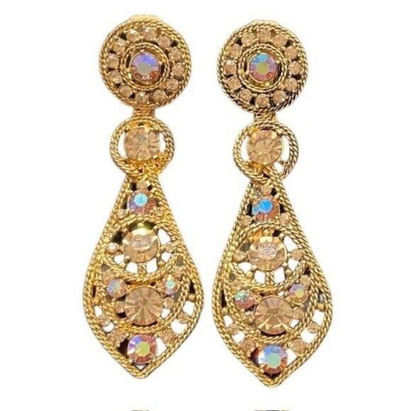 STUNNING VINTAGE AURORA BOREALIS CRYSTAL GOLD THELMA DEUTSCH CLIP ON EARRINGS - Picture 1 of 5